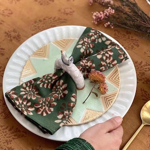 Holiday Cotton Napkins, Floral Green Cloth Napkins, Organic Block Print Table Linens, Eco Friendly Host Gift - Amar