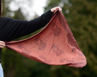 Mauve Burnt Sienna Bandana / Soft Cotton Silk Satin Neck Scarf / Plant Dyed Neckerchief / Hand block printed square scarf  - WIND