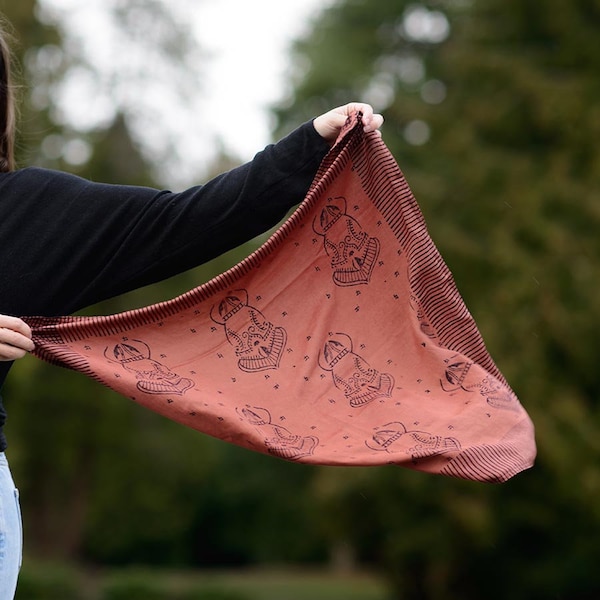 Mauve Burnt Sienna Bandana / Soft Cotton Silk Satin Neck Scarf / Plant Dyed Neckerchief / Hand block printed square scarf  - WIND