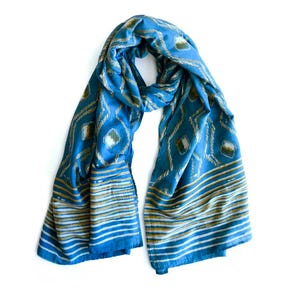 Silk Cotton Block Print Scarf, Lightweight Blue Wrap, Handmade Beach Shawl for Men & Women, Soft Boho Accessory | Bali