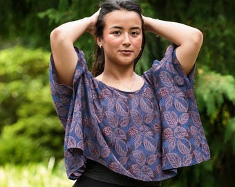 Bohemian Cotton Silk Crop Top Hand Block Print Leaf Resort Summer Blouse - LEAF