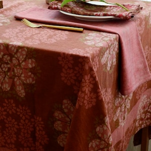 Large Bold Floral Tablecloth / Orange Sienna Plant Dyed Organic Cotton Table Linen / Block Printed Textiles / Wedding Decor - Forget me Not