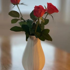 Op de afbeelding: Een witte vaas met een gestructureerd, verticaal ontwerp bevat drie rode rozen met groene bladeren. De vaas staat op een houten oppervlak en creëert een eenvoudig, elegant bloemstuk.