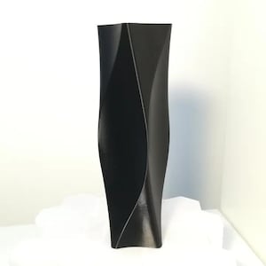 May include: A tall, black vase with a unique, twisted design. The vase has a geometric shape with a smooth, matte finish. The vase is a decorative item, suitable for displaying flowers or as a standalone art piece.