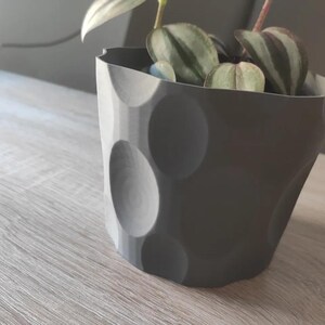 Op de afbeelding: Een grijze, getextureerde bloempot met een uniek ontwerp, met een kleine plant met groene en bordeauxrode bladeren. De pot heeft een reeks grote, cirkelvormige inkepingen. De bloempot staat op een lichtgekleurd houten oppervlak.
