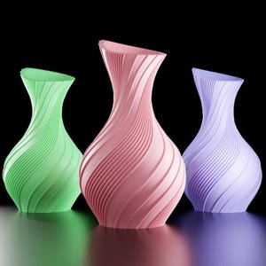 May include: Three decorative vases in shades of green, pink, and purple. Each vase has a unique, swirling design and a flared top. The vases are set against a black background, with a reflective surface.