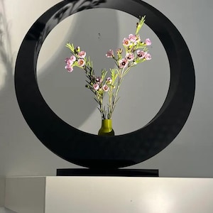 Puede incluir: Una escultura negra moderna con un diseño circular, que sostiene un pequeño jarrón verde con flores rosas. La escultura se encuentra sobre una base negra y una estantería blanca, creando una estética minimalista.