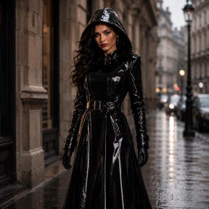 May include: A long, black, glossy patent leather trench coat featuring a hood, long sleeves, and a matching belt with a buckle at the waist. The coat has a smooth, reflective finish and is worn with black gloves, creating a sleek, structured appearance.