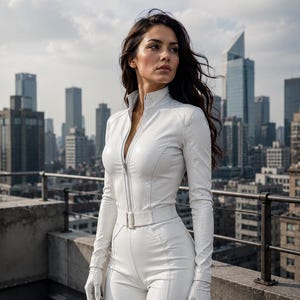May include: A white long-sleeved jumpsuit featuring a front zipper closure, a high collar, and a matching belt at the waist. The garment is paired with coordinating white gloves, creating a cohesive look with visible seam detailing along the legs.
