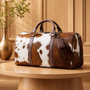 May include: A duffel bag featuring a brown and white cowhide pattern with smooth brown leather handles and trim. The bag includes a matching brown leather luggage tag attached to the side and a top zipper closure with dark metal hardware.