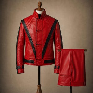 May include: A red leather jacket with black V-shaped panels, a high collar, and button closures, paired with matching red leather trousers. The jacket features quilted shoulder detailing, black sleeve stripes, and adjustable cuffs with black straps.