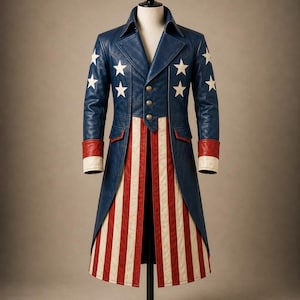 May include: A blue, red, and white leather coat with a patriotic design. The coat features white stars on the blue upper section, red and white striped panels, and red and white cuffs. It is displayed on a black mannequin.
