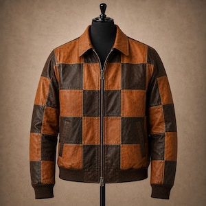 May include: A leather jacket featuring a brown and dark brown checkered pattern. The jacket has a classic collar, a full-length front zipper closure, two side pockets, and ribbed knit cuffs and hem, displayed on a black mannequin torso.