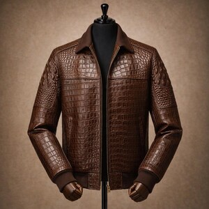 Men's Brown Crocodile Embossed Leather Jacket | Luxury Zip Front Bomber Style | Textured Exotic Pattern Coat | Casual Fashion Outerwear