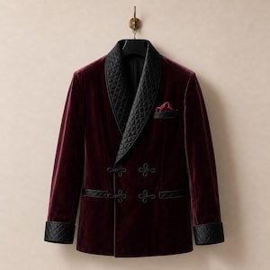 May include: A deep burgundy velvet smoking jacket featuring a black quilted shawl collar, matching quilted cuffs, and black frog closures. The jacket includes a chest pocket with a small burgundy pocket square and two lower pockets with quilted trim.