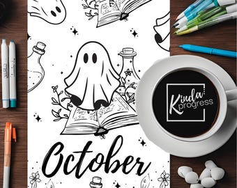 May include: Black and white printable coloring page featuring a ghost, a book, and a bottle. The page says "October" at the bottom.
