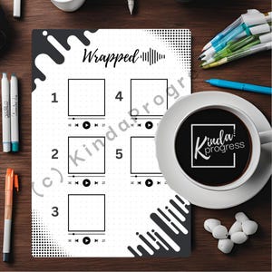 May include: A black and white printable planner page with the title "Wrapped" and five blank squares with play buttons. The page is designed for tracking music listening habits.