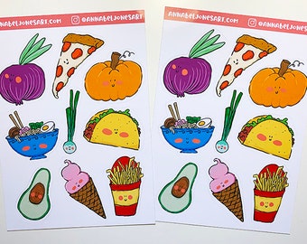 May include: Two sheets of stickers featuring various food items, including a pizza slice, a taco, a bowl of ramen, a pumpkin, an onion, an avocado, a cone of ice cream, and french fries. Each sticker has a cute cartoon face.