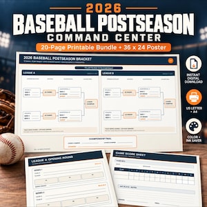 Può includere: Un pacchetto stampabile 2026 Baseball Postseason Command Center che include un grande poster con il tabellone del torneo, fogli per il turno preliminare e segnapunti. I documenti bianchi con testo e linee blu navy e arancioni mostrano le strutture.