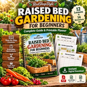 May include: A spiral-bound guide titled Raised Bed Gardening for Beginners with 12 lessons and 14 worksheets. Includes a planting calendar, garden layout plan, and harvest tracker. Features US Letter 8.5 by 11 inch and A4 paper sizes.