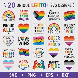 Peut inclure: Graphique présentant 20 motifs SVG LGBTQ+ uniques. Les motifs incluent des cœurs, des arcs-en-ciel et des phrases telles que « Love is Love », « Pride » et « Be You ». L'image est au format grille avec les types de fichiers SVG, PNG, EPS et DXF.