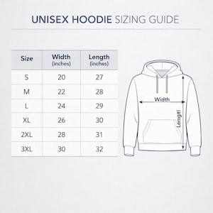 May include: A unisex hoodie sizing guide with measurements in inches. The guide includes sizes S to 3XL, with corresponding width and length measurements. A diagram of a hoodie illustrates where the width and length are measured.