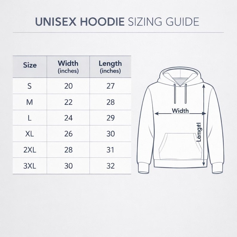May include: A unisex hoodie sizing guide with measurements in inches. The guide includes sizes S to 3XL, with corresponding width and length measurements. A diagram of a hoodie illustrates where the width and length are measured.