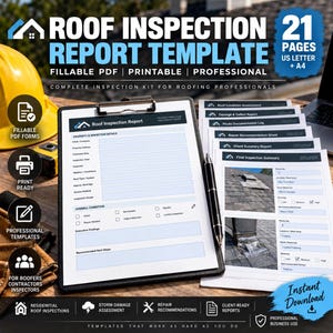 Puede incluir: Una plantilla de informe de inspección de techos de 21 páginas en tamaños US Letter y A4. El documento incluye formularios PDF rellenables para detalles de la propiedad, condición general y recomendaciones de reparación. Un bolígrafo negro descansa sobre el portapapeles, que muestra campos para información del cliente, fecha de inspección y casillas de verificación de estado. El kit está diseñado para profesionales de techado y contratistas.