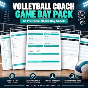 Puede incluir: Un paquete de día de partido para entrenador de voleibol con 12 hojas imprimibles, incluyendo hojas de alineación, rotación y puntuación. Los documentos blancos tienen detalles en color verde azulado y texto en negro.
