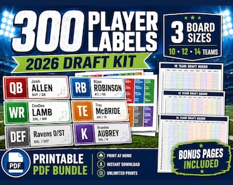 2026 Fantasy Football Player Labels, Printable Draft Board Kit, 300 Labels, 10 12 14 Team PDF Bundle
