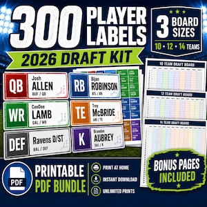 May include: A 2026 draft kit featuring 300 player labels in various colors for QB, RB, WR, TE, and DEF positions. Includes three draft board templates for 10, 12, and 14 teams, plus bonus pages. This printable PDF bundle offers instant download access.