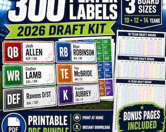 2026 Fantasy Football Player Labels, Printable Draft Board Kit, 300 Labels, 10 12 14 Team PDF Bundle