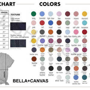 May include: A size chart and colour options for Bella+Canvas t-shirts. The chart lists sizes XS to 5XL with width and length measurements in inches. Colour swatches include shades like navy, pink, and heather purple.
