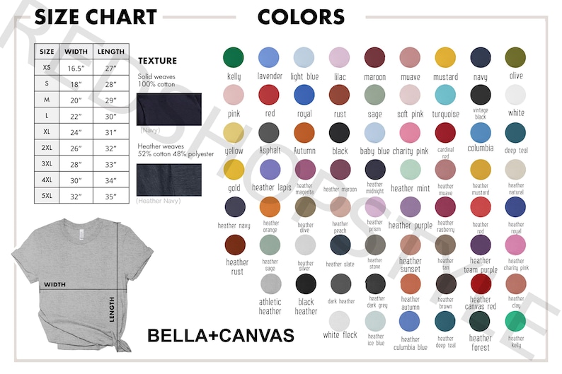 May include: A size chart and colour options for Bella+Canvas t-shirts. The chart lists sizes XS to 5XL with width and length measurements in inches. Colour swatches include shades like navy, pink, and heather purple.