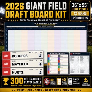 Peut inclure: Un kit de tableau de draft fantasy football 2026 comprenant une affiche de 91,4 cm sur 139,7 cm, 300 étiquettes de joueurs codées par couleur, 40 étiquettes vierges et un index des joueurs. Le tableau permet 12 équipes et 20 tours de draft.