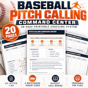May include: A 20-page printable baseball pitch calling command centre coaching system. The document includes a pitch arsenal code key, opponent lineup scouting, and a pitch sequence planner. It is available in US letter and A4 sizes.
