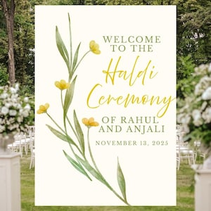 Letrero floral minimalista amarillo para ceremonia Haldi / Diseño de ranúnculo en acuarela / Plantilla imprimible para boda india / Descarga editable en Canva