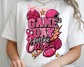 Game Day For the Cure Png, Pink Football Cheer Sublimation, Breast Cancer Awareness Png, Football Breast Cancer PNG, Pink Coquette Ribbon