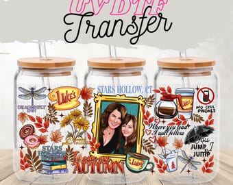 Cozy Coffee Autumn UV DTF Transfer | Fall Leaves Cup Wrap for 16oz Glass Can | Book Lover Mother Daughter Cozy Aesthetic Drinkware