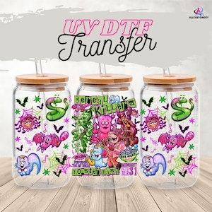 Monster Bash Glass Can Wrap: Retro Halloween UV DTF Transfer for 16 oz Drinkware
