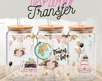 Travel Themed UV DTF Wrap for 16oz Glass Can | Vintage Suitcase Cup Wrap | Globe & Balloons Glass Wrap | Free Gift with Purchase