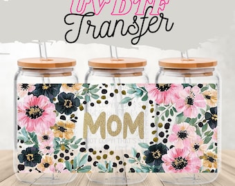 Envoltorio de vidrio para latas de 16 oz con diseño floral para mamá / Envoltorio para vaso UV DTF con tapa opcional / Regalo de acuarela para mamá / Artículos para beber estéticos para el Día de la Madre