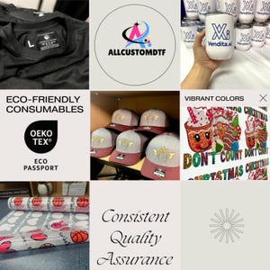 K&ouml;nnte beinhalten: Eine Collage verschiedener Produkte und Branding-Elemente. Enth&auml;lt ein dunkelgraues T-Shirt mit Etikett, Baseballkappen mit Logo, wei&szlig;e Becher mit Logo und Rollen mit gemustertem Papier. Text enth&auml;lt "ALLCUSTOMDTF", "ECO-FRIENDLY CONSUMABLES" und "VIBRANT COLORS".