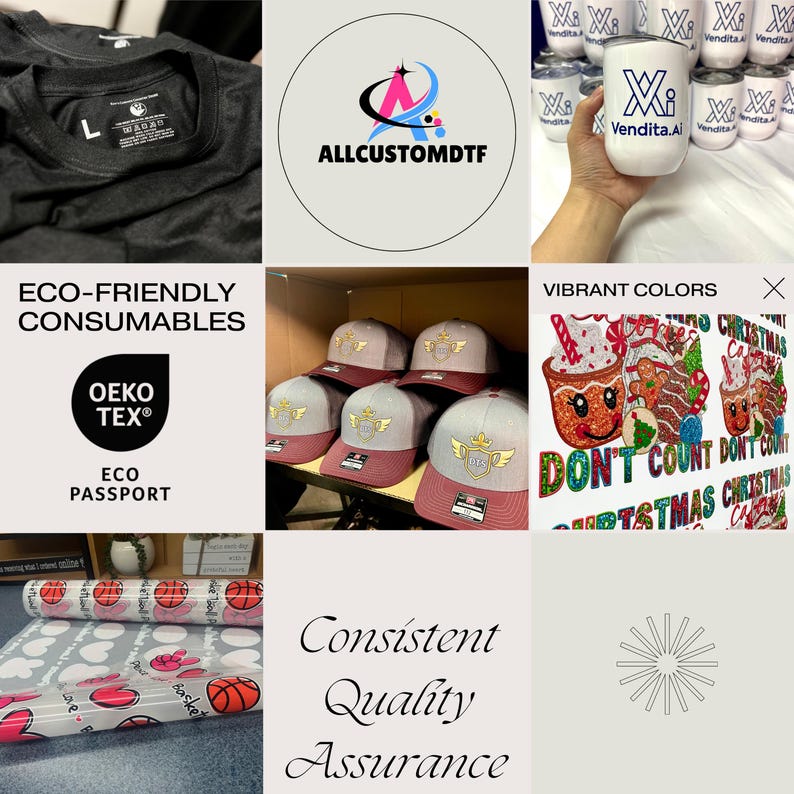 K&ouml;nnte beinhalten: Eine Collage verschiedener Produkte und Branding-Elemente. Enth&auml;lt ein dunkelgraues T-Shirt mit Etikett, Baseballkappen mit Logo, wei&szlig;e Becher mit Logo und Rollen mit gemustertem Papier. Text enth&auml;lt "ALLCUSTOMDTF", "ECO-FRIENDLY CONSUMABLES" und "VIBRANT COLORS".