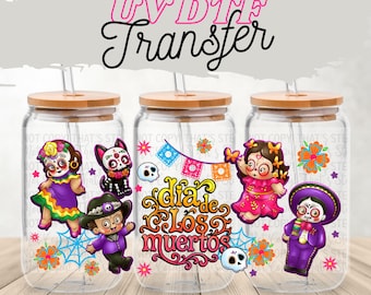 Transferencia UV DTF del Día de los Muertos / Envoltorio para vaso del Día de los Muertos para lata de vidrio de 16 oz / Diseño de fiesta con flores de esqueleto de calavera de azúcar de colores
