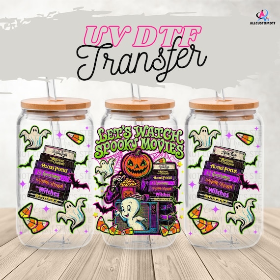 Spooky Movie Night UV DTF Wrap | Retro Ghost Halloween 16oz Glass Can Decal | Pumpkin TV Candy Corn Drink Cup Transfer Wrap