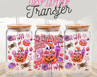Kürbis Süßigkeiten UV DTF Cup Wrap | Niedliches Halloween 16 Unzen Glasdosen Aufkleber | Rosa Herbstästhetik | Candy Ghost Cup-Wrap | Gruselige Jahreszeit Vibes