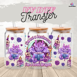 Dragon Book Reader 16 oz Glass Can Wrap | Optional Lid Wrap | Fantasy UV DTF Cup Wrap | Book Lover Gift | Mystical Dragon Decal