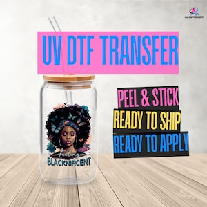 Decalque UV DTF de mulher negra bonita | Adesivo Afrocêntrico descascável e adesivo | Envoltório de copo Melanin Queen | Decalque de vidro para copo à prova d'água | Afro UVDTF