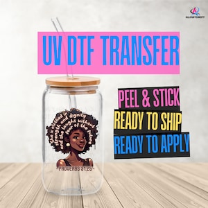 Adesivo UV DTF con bellissima donna nera / Adesivo per bicchieri afrocentrici / Adesivo per bicchieri staccabile e appiccicoso con regina della melanina / Adesivo UV DTF magico con ragazza nera